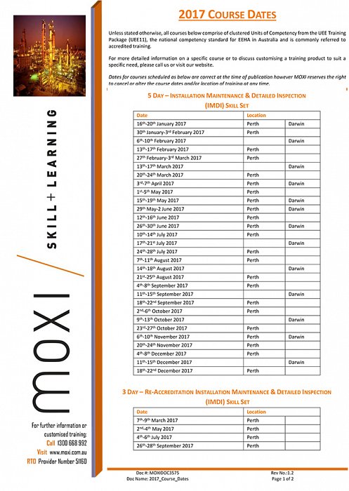 MOXI 2017 Course Dates