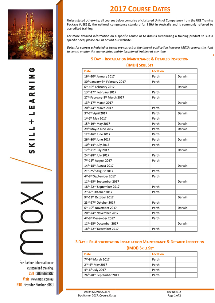 MOXI 2017 Course Dates